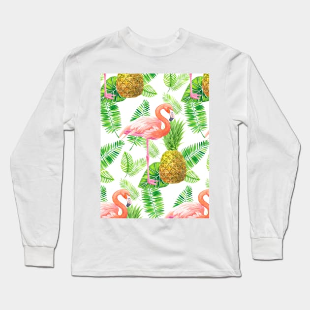 Tropical garden watercolor pattern Long Sleeve T-Shirt by katerinamk